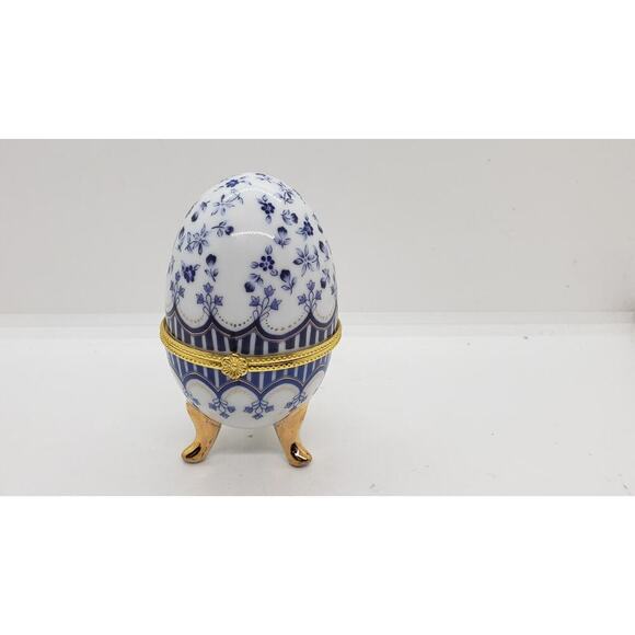 Porcelain Egg Trinket Box Hinged Lid 4 Inch Floral Gold Trim Decorative Jewelry - Picture 1 of 10
